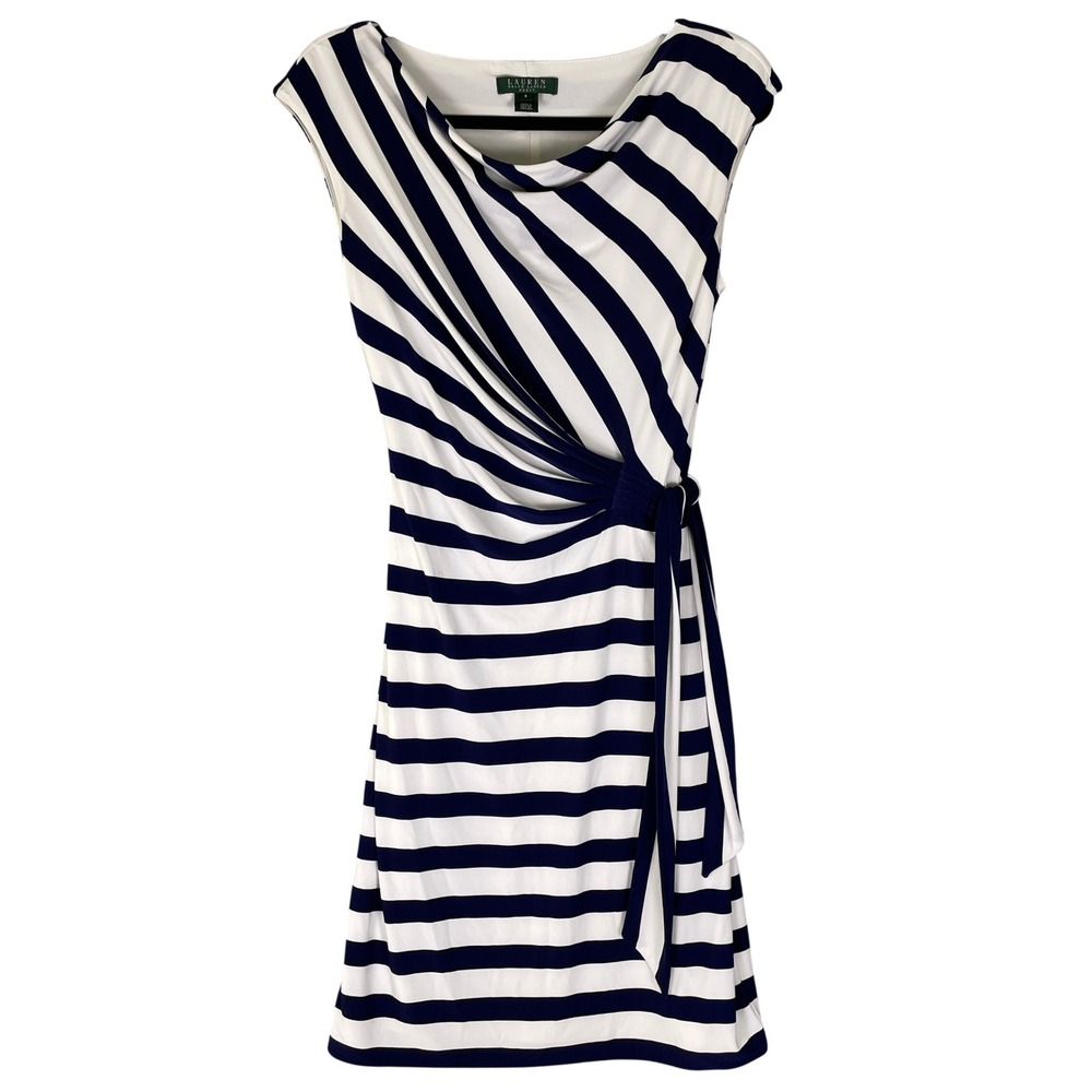Lauren Ralph Lauren Sheath Dress Womens 8 Navy White VGUC Striped Ruched Belted